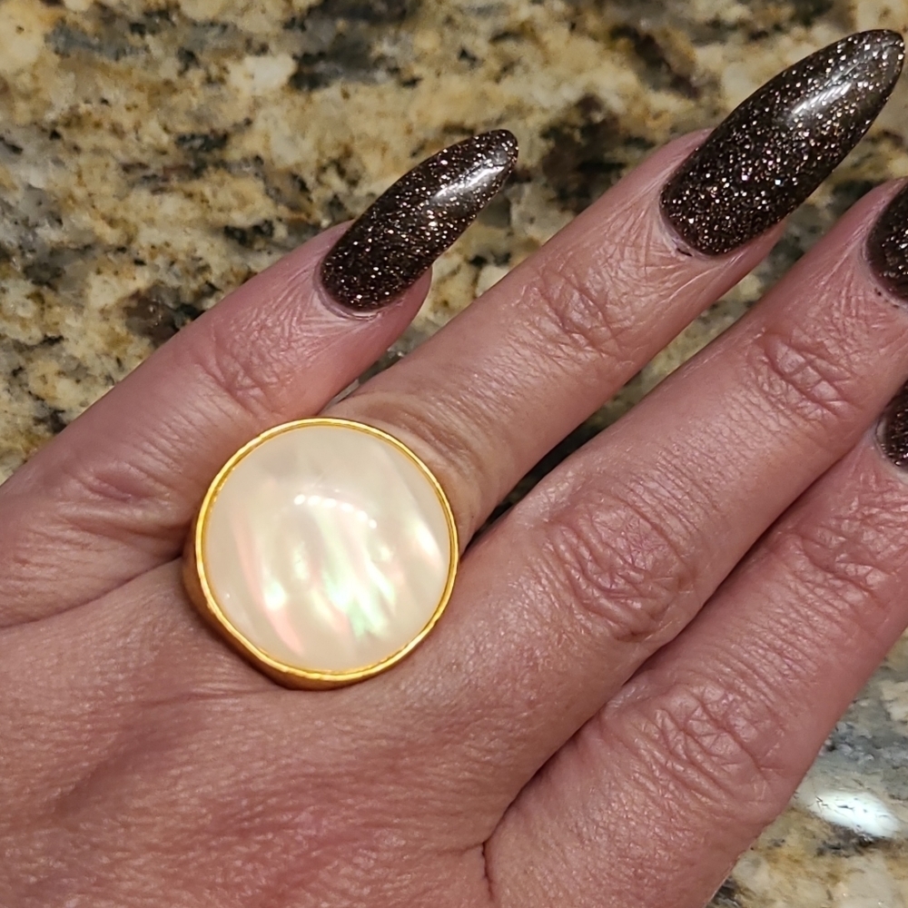 Mother Of Pearl Titanium Gold Plated Chunky Ring - Picture 5 of 16